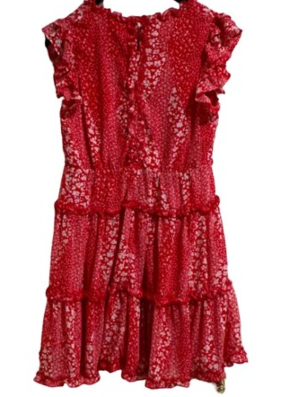 In Loom Red Floral V-Neck Tiered Ruffle Cap Sleeve Mini Dress - Size Large - Picture 6 of 12